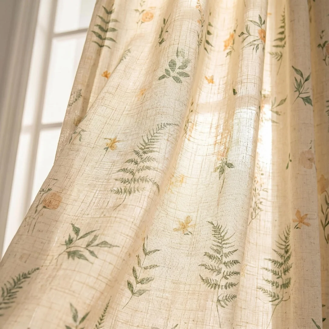 Ji Ji feng Qing man printed cotton and linen gauze curtain breathable bedroom bay window living room study French window