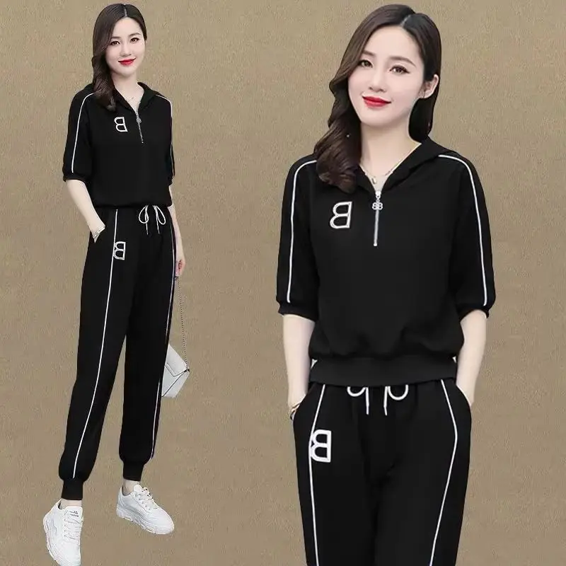 Women's Tracksuit 2025 Summer New Female Slim Leggings Pants Short Sleeves Top Casual Sets Of Two Fashion Pieces For Women Suit