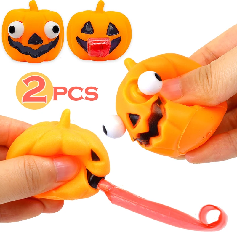 

2Pcs Halloween Children's Toys Squeeze Convex Eye Pumpkin Finger Decompression Toys Spit Tongue Pumpkin Ornaments Children Gifts