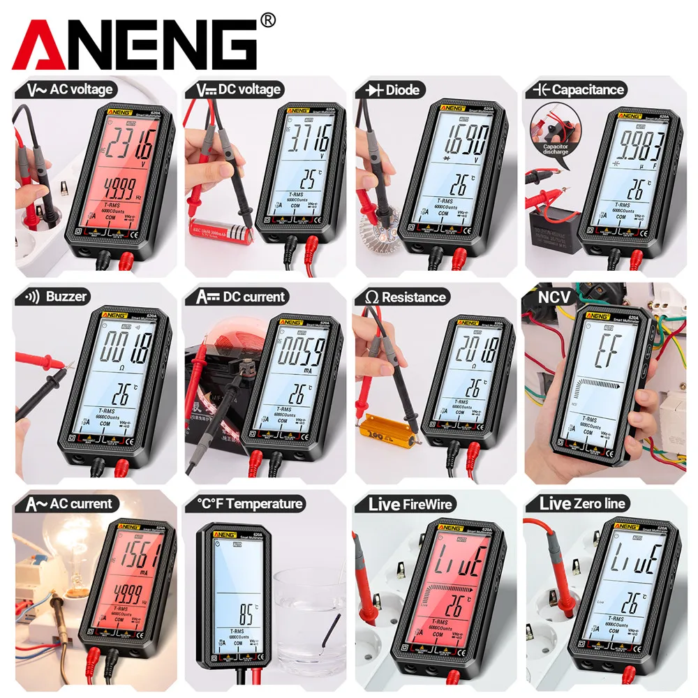 ANENG 620A Digital Professional Smart Multimeter AC/DC Voltage Meter Electrical Capacitance Meter Temp Ohm Current Tester Tools