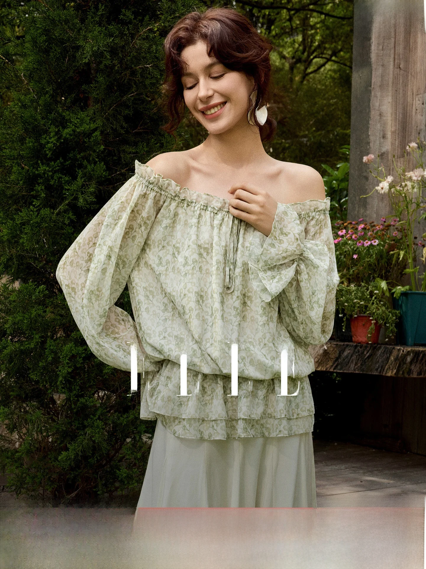 

Elle Floral Print Chiffon Shirt Women's One Shoulder Tunic Top Gathered Waist Bell Sleeve Casual Summer New Design