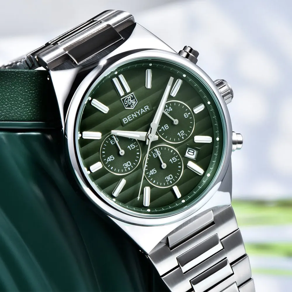BENYAR Wristwatch Gift 42mm Men Watch Stainless Steel Chronograph Sapphire Glass Quartz Watch Top Brand Waterproof Watch for Men