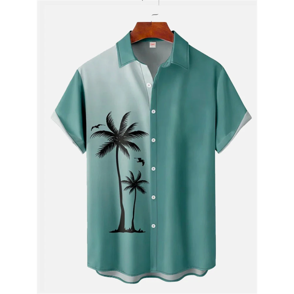 Hawaiian Coconut Tree Sunset Print Shirts Men's Beach Plus Size Lapel Shirts Vacation Shirt Summer Casual Clothing Short Sleeve