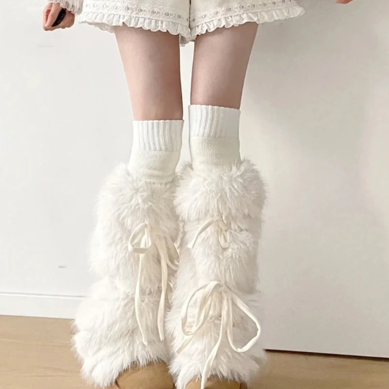 JK Girls Boot Cuffs Leg Warmers Women Winter Warm Harajuku Sweet Ribbon Bowknot Furry Plush Fur White Boot Cover Long Socks