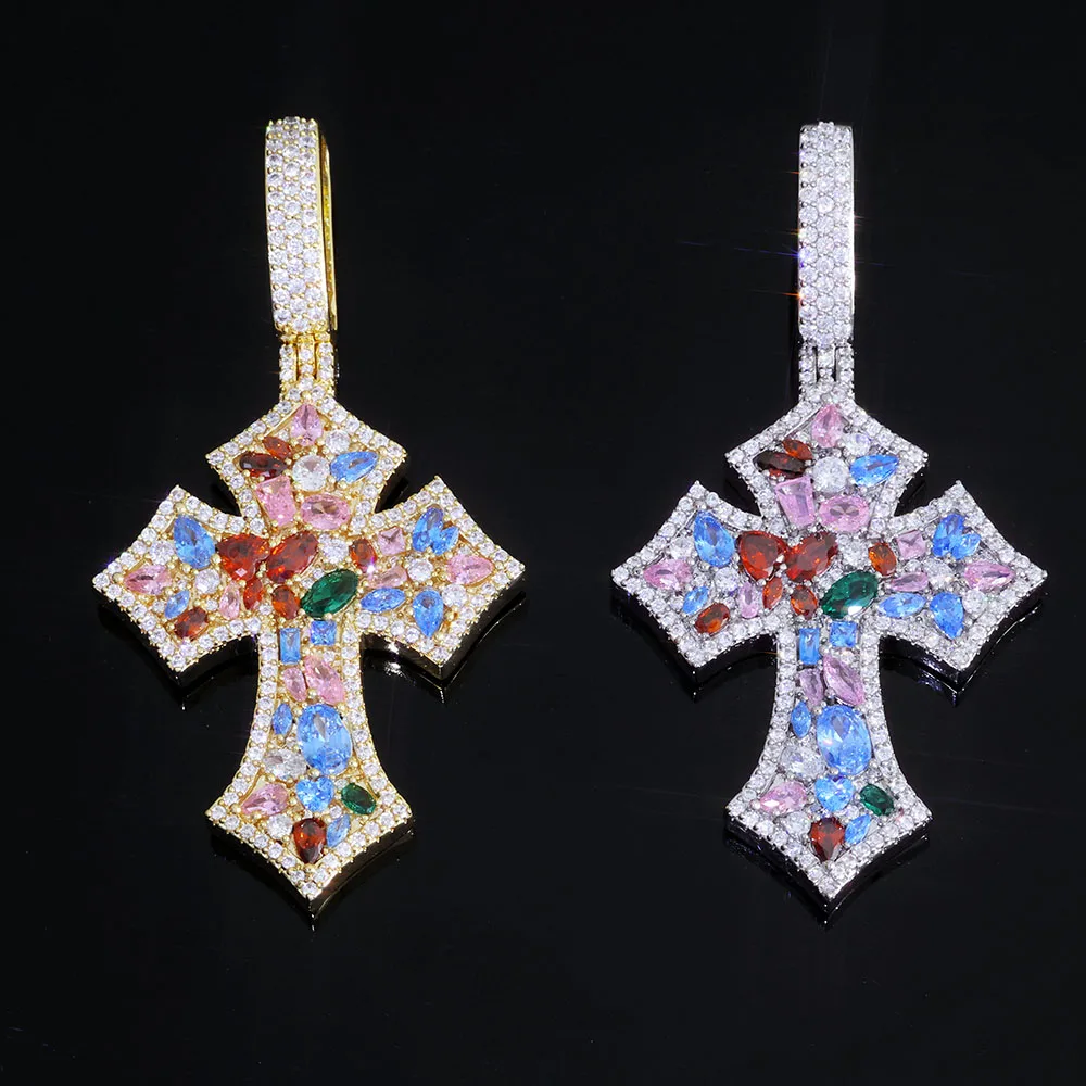 Hip hop Pop Pendant Necklace Colored Diamond Cross Cuban Rope Chain Solid Brass Gold Plated Silver Plated Jewelry