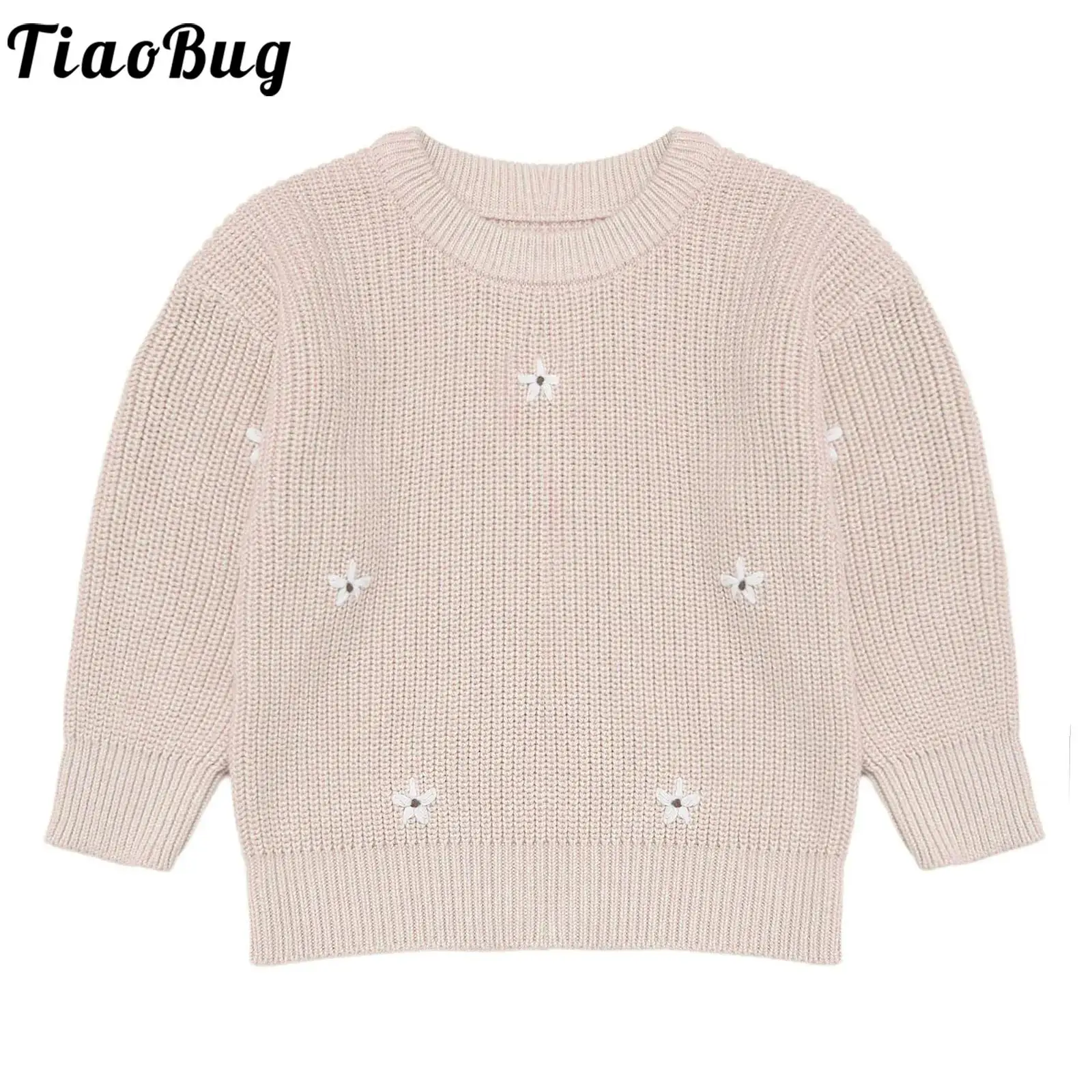 

Toddler Baby Girls Warm Fall Winter Knit Sweater Solid Long Sleeve Flower Embroidery Pullover Sweatshirt Kids Casual Clothes