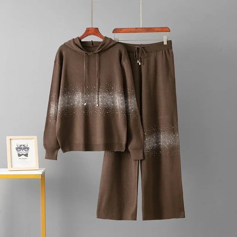 

Autumn Winter New Korean Version Lazy Style Gradient Loose Hooded Top Casual Wide Leg Pants Two-piece Women's High Waist Set