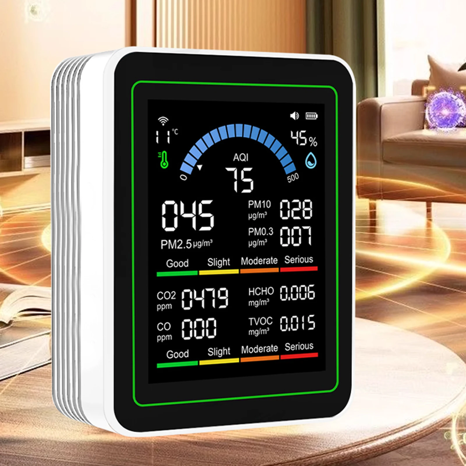 PM2.5 PM10 CO AQI CO2 TVOC HCHO 温度測定機能付き空気質テスター WiFiアプリによるPM2.5 PM10 CO AQIアラート機能付き 家庭用 車用 植物用 ペット用