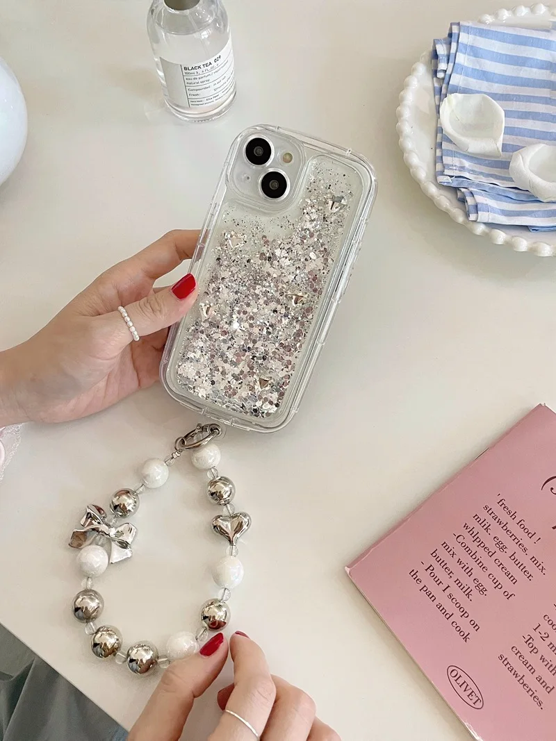 Ins الفاخرة الفضة 14ProMax 13 12 برو حالة الهاتف ل الرمال المتحركة بريق آيفون حالة 11 مع سلسلة