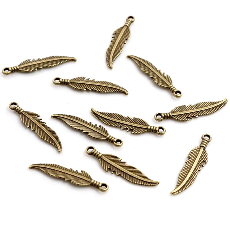 Charms Feather 20pcs 27x7mm Tibetan Bronze Antique Silver Color Pendants Antique Jewelry Making DIY Handmade Craft