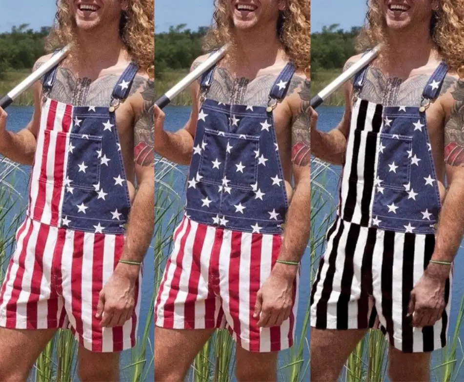 

Unisex Independence Day Romper, Summer American Flag Print Denim Bib Overalls Suspender Shorts for Men Women, S-5XL