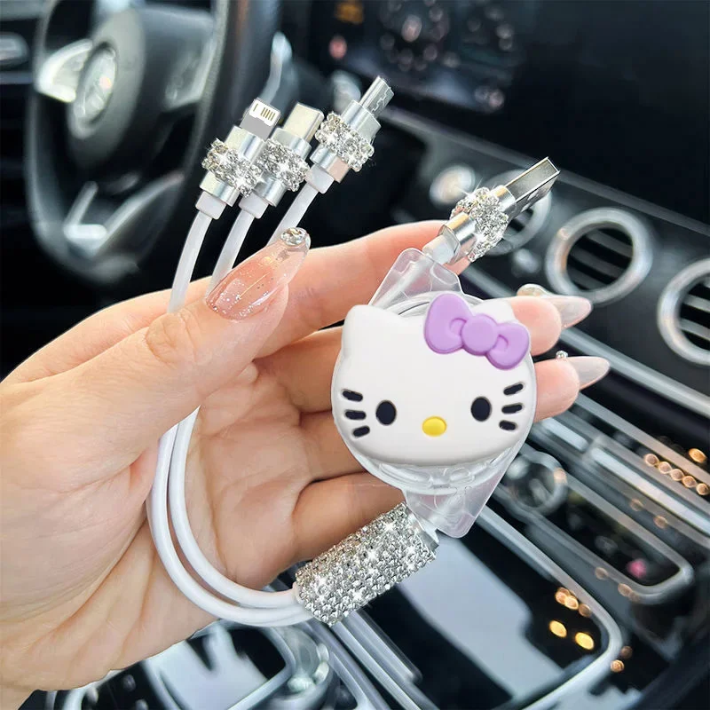 كابل شحن Sanrio Hellokittys 3 في 1 لهاتف Iphone Android Micro Usb Type-C كابل بيانات USB لطيف للهاتف المحمول