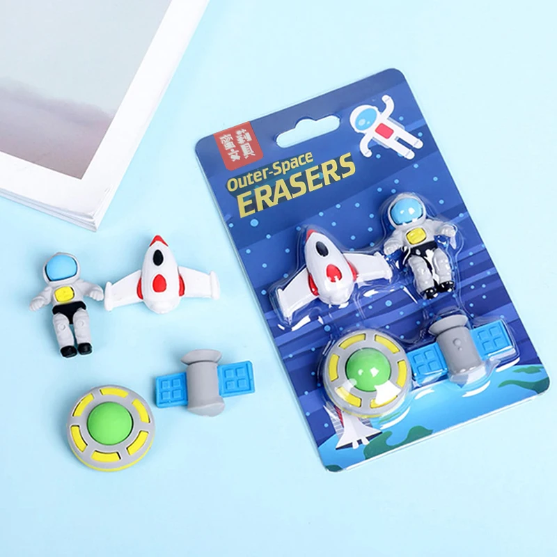 Random 4 Pcs Outer Space Eraser Set Non-PVC Mini Rocket Astronaut Alien Rubber Erasers for Pencil Kids Gift School Student