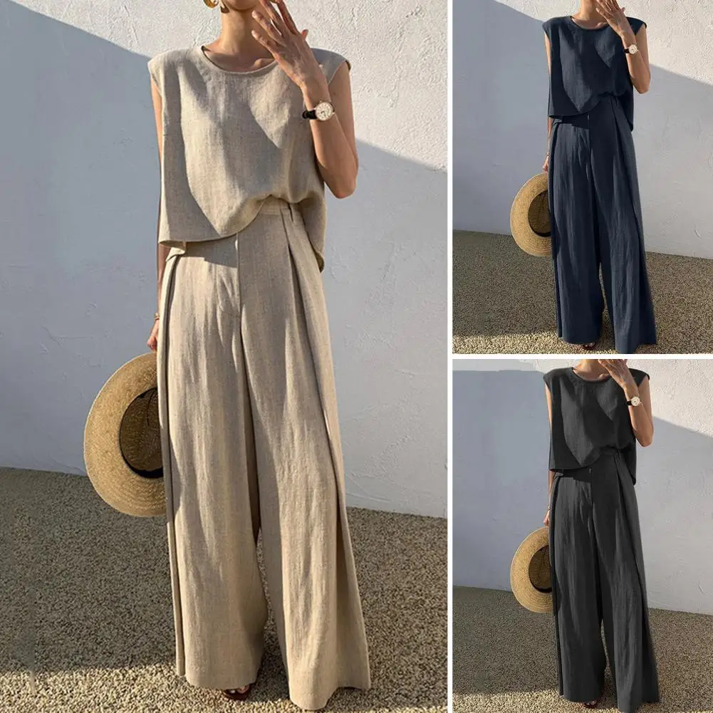 

Casual O Neck Sleeveless Vest Top with Long Pants Suit Elegant Solid Color Pocket Commuting Outfit Summer Simple Loose 2pc Sets