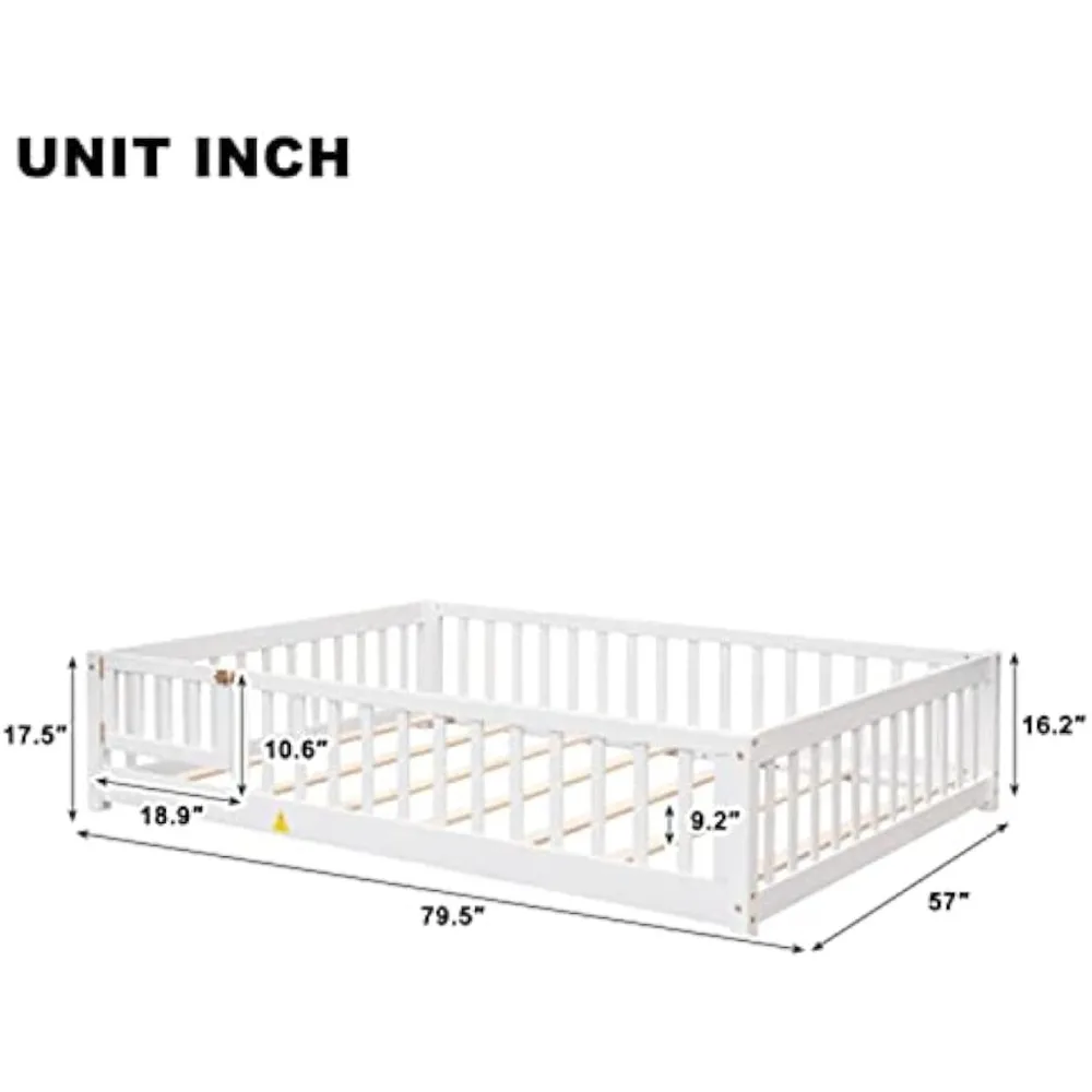Cama de chão de tamanho completo i-POOK para crianças, estrutura de cama montessori de madeira maciça com cerca e porta Cama de chão montessori com segurança guar