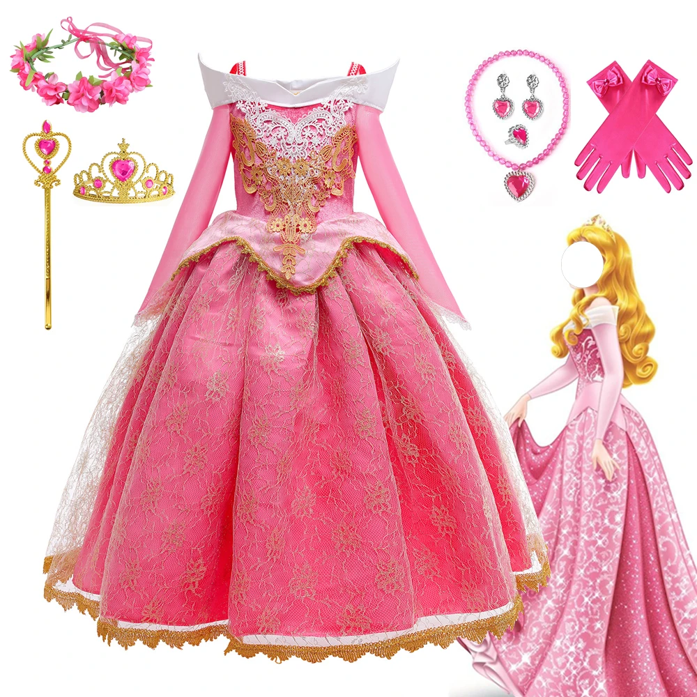 Kids Girl Aurora Princess Dress Briar Rose Cosplay Costume Pink Dress Birthday Party Fairy Dress Halloween Carnival Outfit Crown