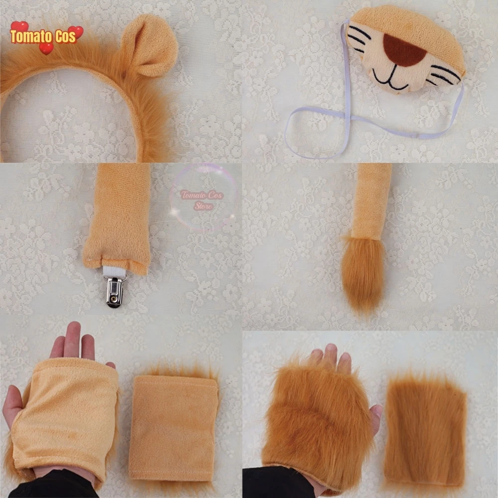 Children Boy Girls Men Lion Costumes Ears and Tail Headband Skirt Set Cosplay Accessories