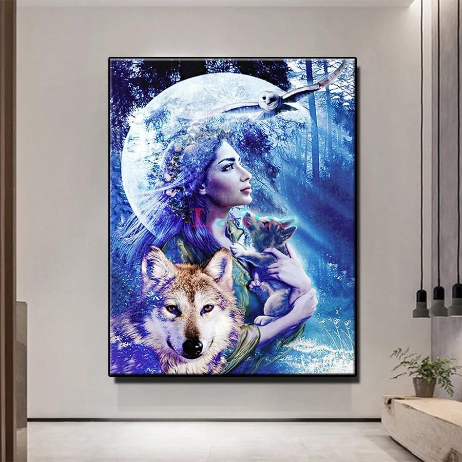 diy diamond painting landscape Wolf girl moon owl 5d Diamond mosaic full square round resin animal New arrivals sale Home Decor