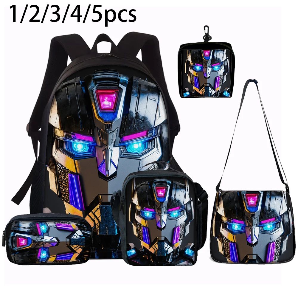 1/2/3/4/5PCS Cartoon Robot Print Backpack Set | Roomy Large-Capacity Backpack | Perfect for Student School & Daily Travel