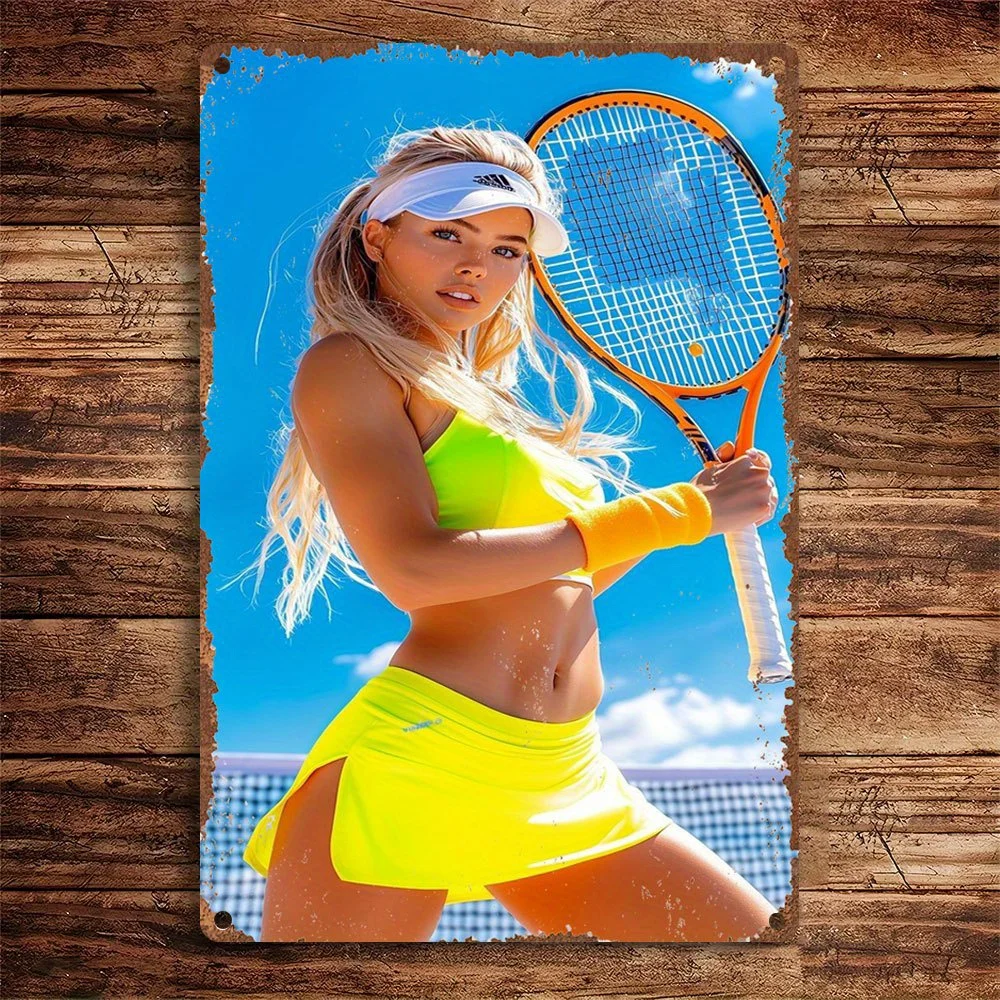 Vintage Metal Tin Sign, Blonde Lady in Yellow Outfit Tennis Art, Wall Decor for Home Cafe Bar, Classic Gift for Sports Lovers