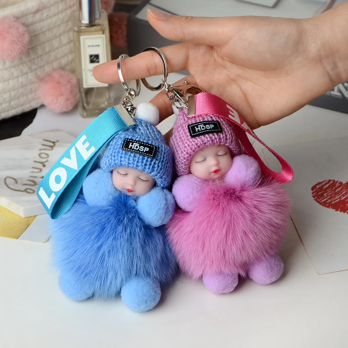 Pompom Sleeping Baby Keychain Cute Fluffy Plush Doll Keyholder Women Girl Bags Keyrings Cars Key Ring Gift Charming Decoration