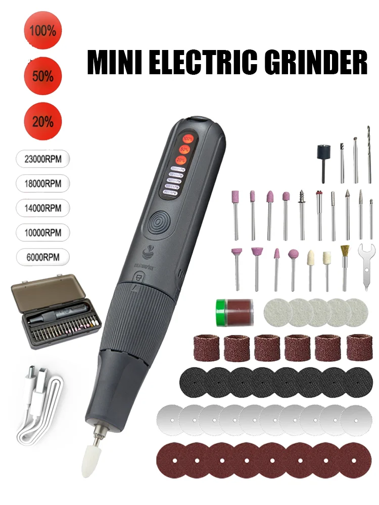 Mini Elektryczna Szlifierka Bezprzewodowa Narzędzie Obrotowe 5 Biegów 23000RPM 1100mAh Type-C Wyświetlacz LED Pióro do DIY Model Drewno Jadeit Metal Polerowanie Paznokci z Akcesoriami — 2