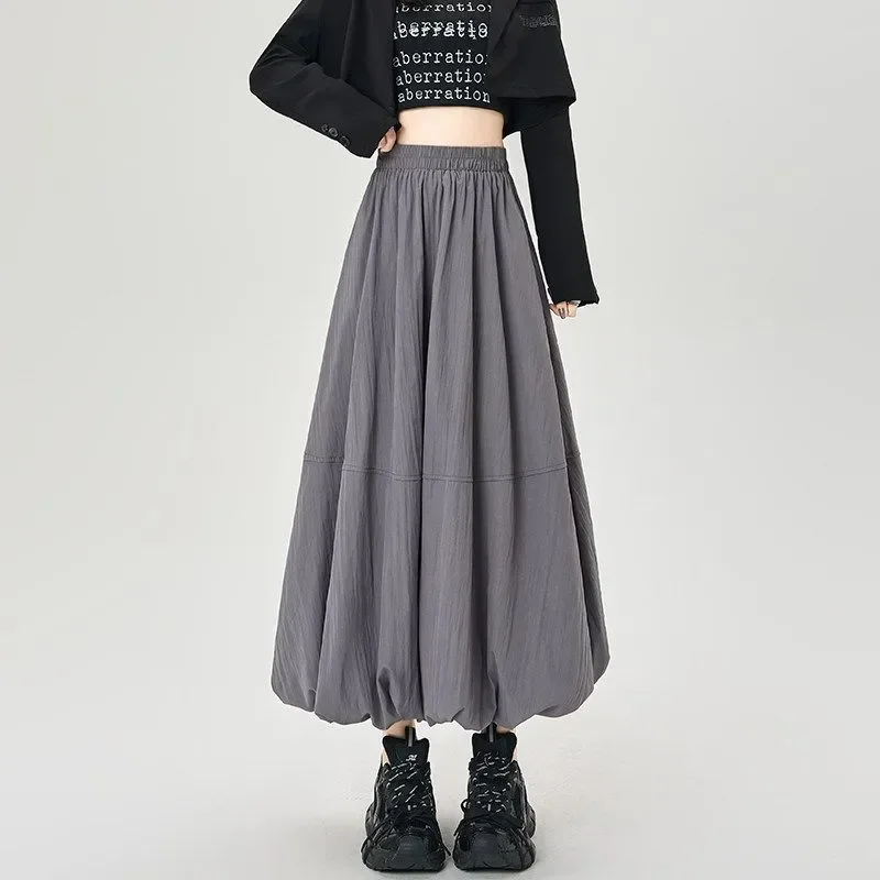 Women Elastic High Waist Bubble Hem A Line Midi Lantern Bloom Skirt