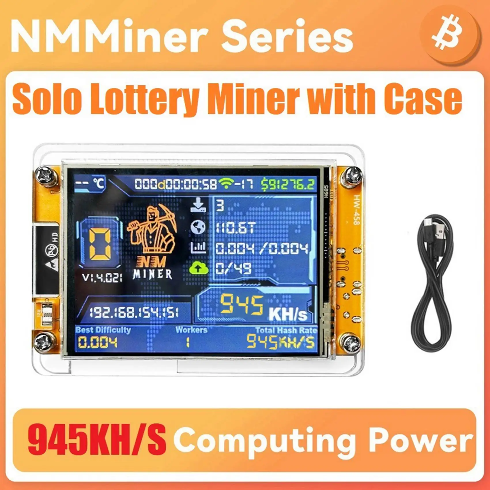 *A99Z NMMiner NerdMiner+Case 945KH/S Harshrate 2.8 Inch Smart Display Bitcoin Crypto Solo Lottery Miner Upgraded NerdMiner