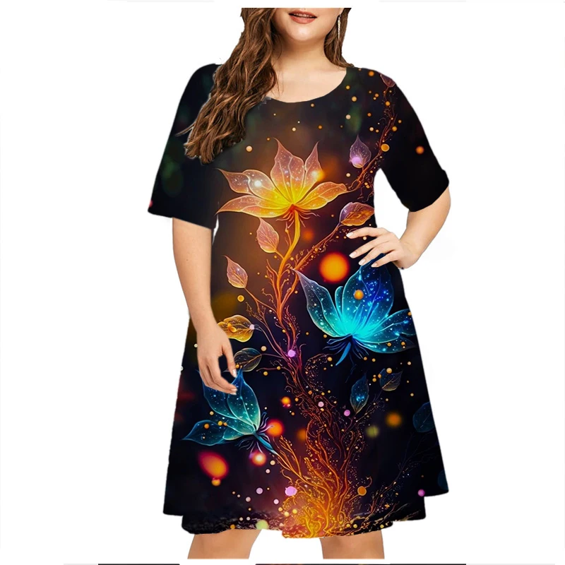 Rosa 3D Flor Imprimir Mulheres Vestido Elegante Doce Casual Manga Curta O-Neck Mini Vestido Verão Moda Festa Roupas Plus Size 6XL