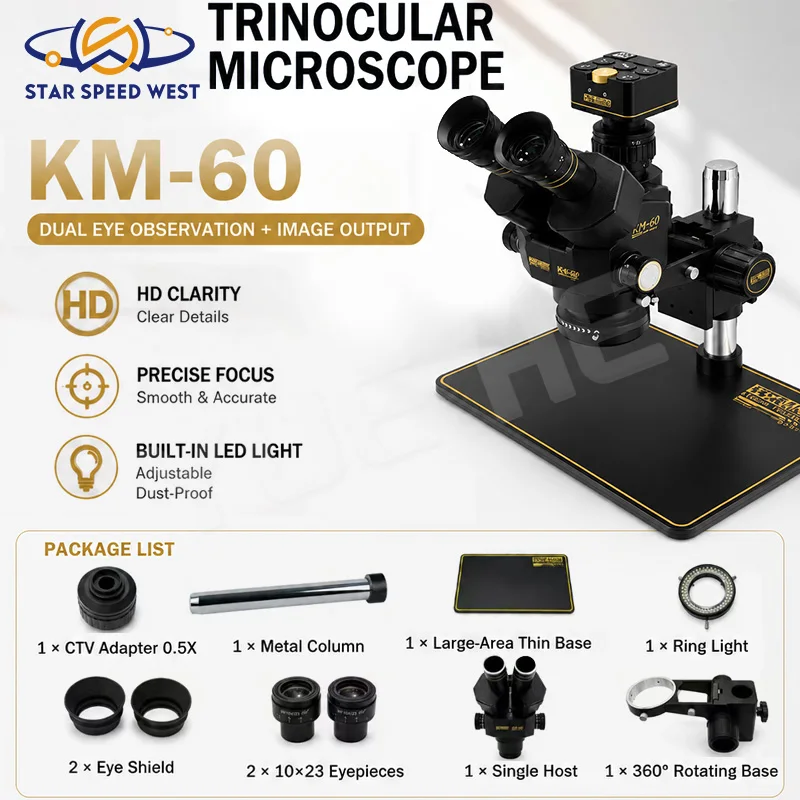KEGUAN KM-60 Trinocular Microscope 6x-60x Continuous Zoom 80 LED Ring Light 4K HD Image Output for Phone PCB CPU Repair Tools