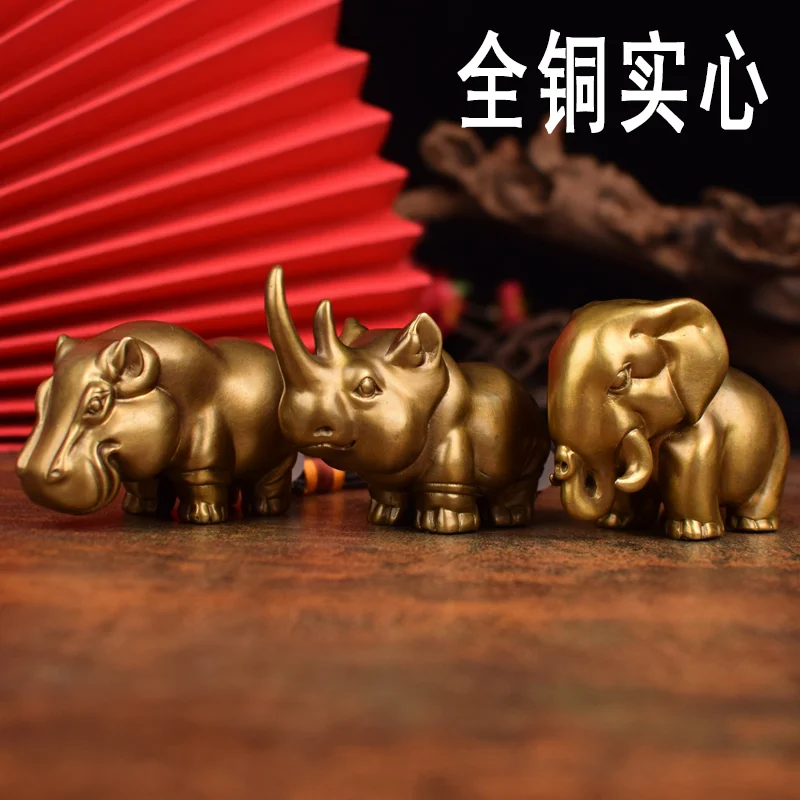 Solid Brass African Trio Animal Figurine Set Rhino Elephant Hippo Paperweight