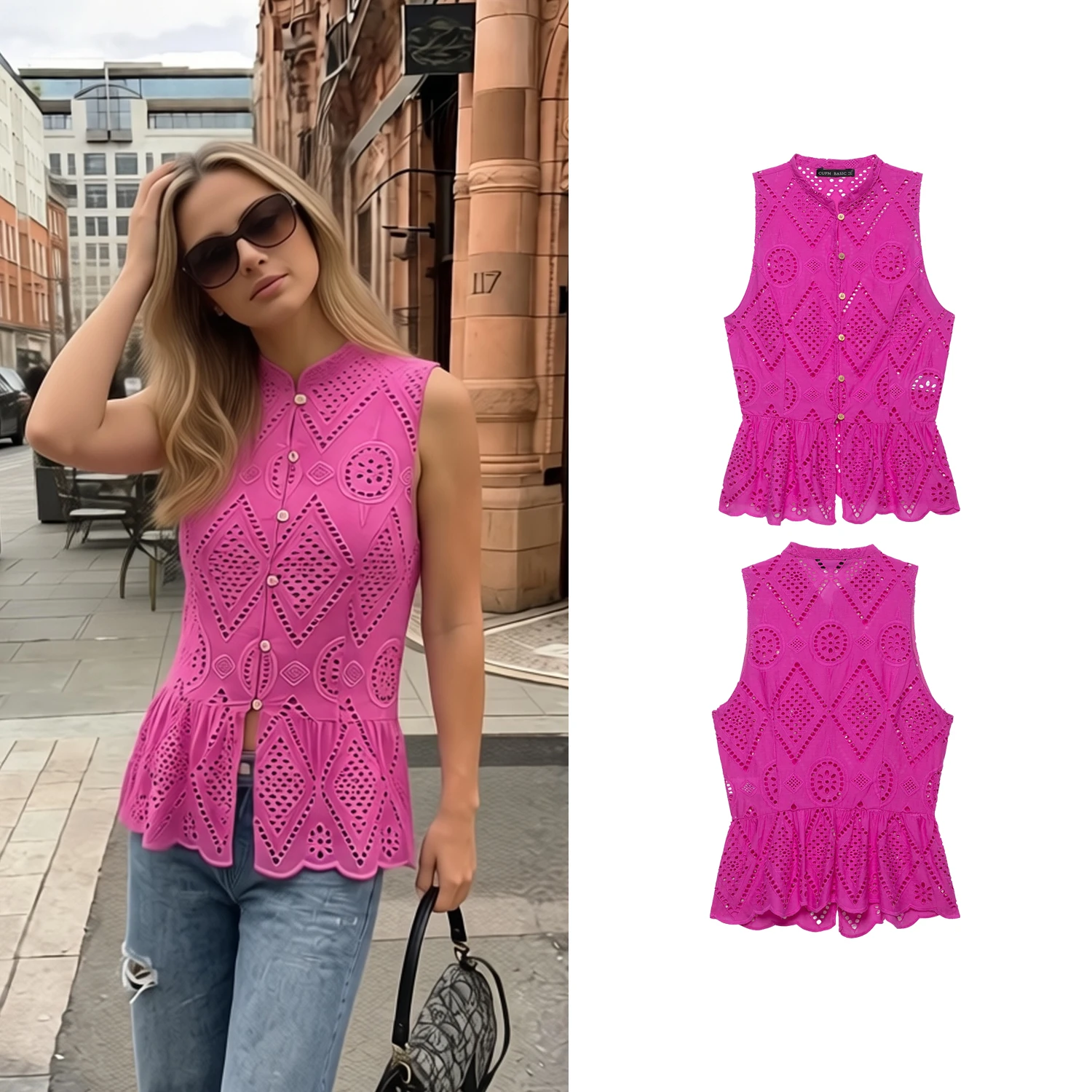 Women Chic Purple Shirts Summer Female Lace Hollow Embroidery Sleeveless Vest T-Shirt Lady Fashion High Street Lace Blouse Tops