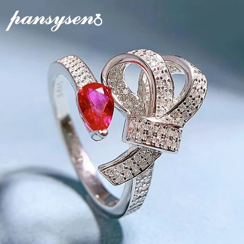 PANSYSEN 925 Sterling Silver Pear Cut Ruby Diamond Gemstone Wedding Rings for Women Luxury Proposal Engagement Ring Wholesale