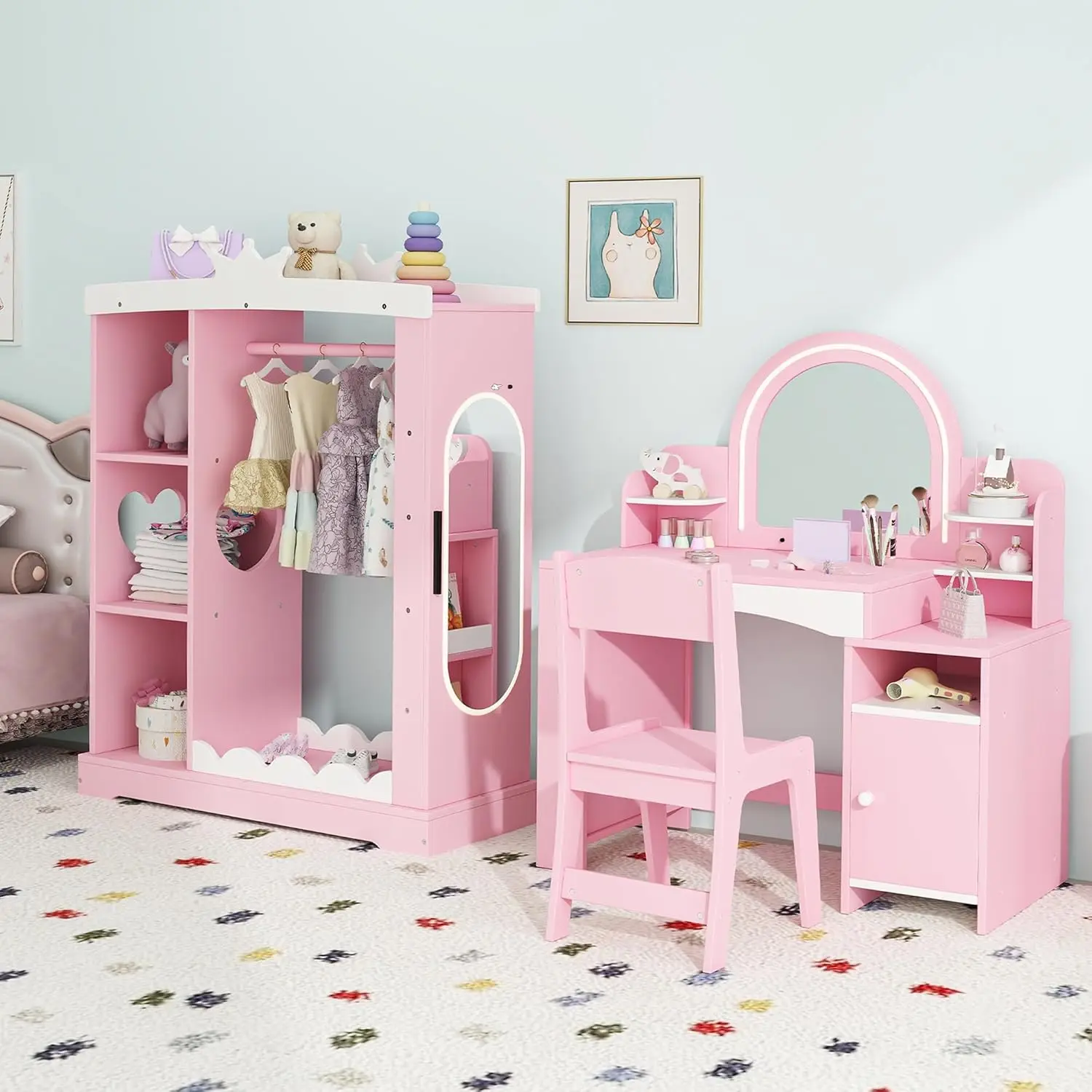 Kids Vanity with Lights & Open Bookshelf, Kids Closet with Jewelry Cabinet & Full-Length Mirror, Toddler Vanity Table with