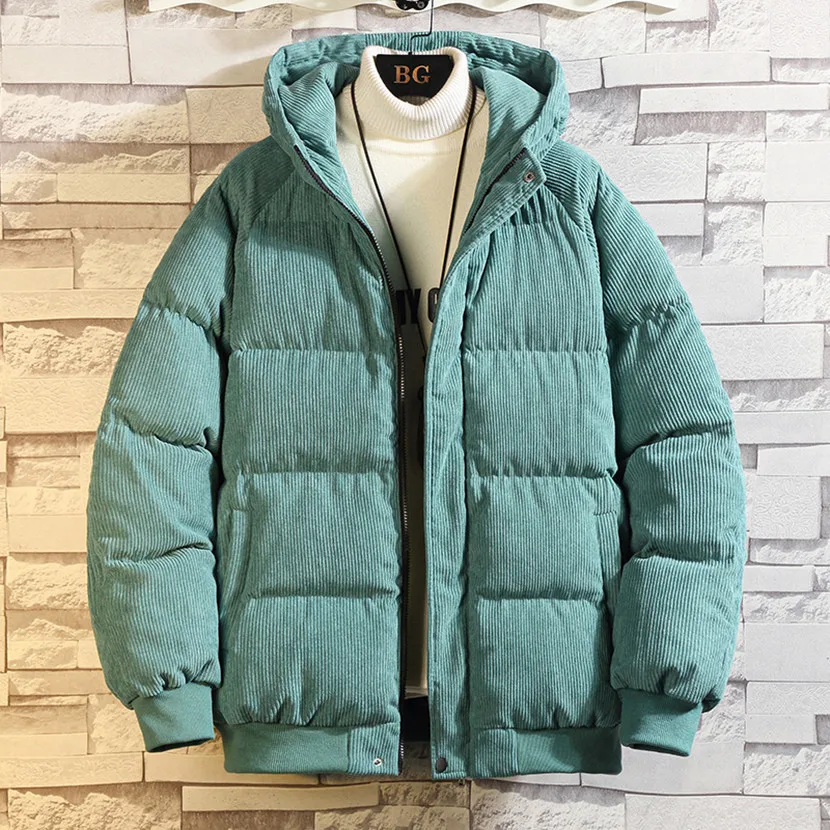 

Winter Thiened Fce Lined Corduroy Men's down Jaet Youth Casual Cleanfit Zipper Closure Color Stand Fit Coat