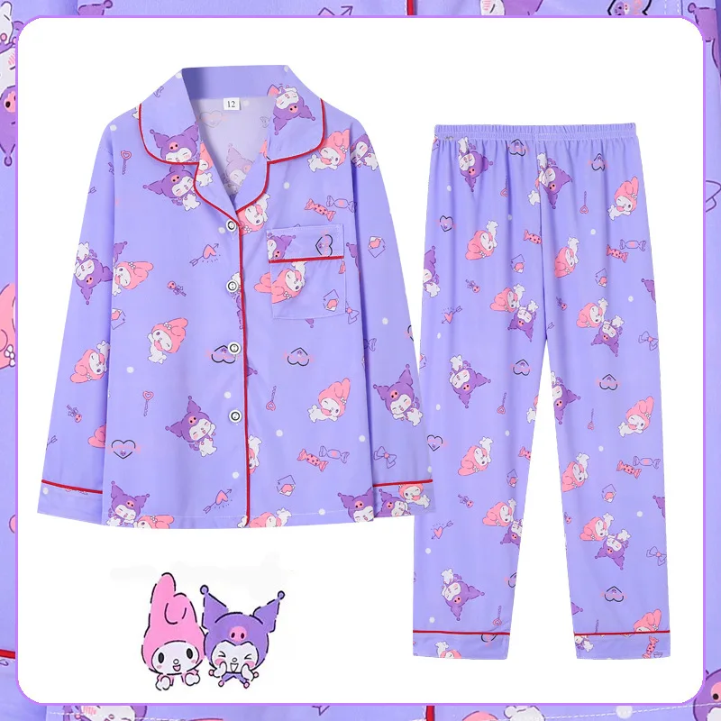 Kawaii Sanrio Pajamas Pants Hello Kitty Kuromi Long Sleeve Roll Clothes Cute Girls Thin Kits Cinnamoroll Pochacco Nightgown Gift