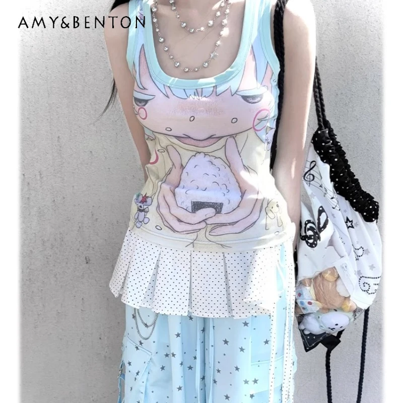 

Original Design New Cartoon Anime Sleeveless Women's Vest Japanese Summer Light Blue Star Print Loose Cargo Pants Sets Ladies