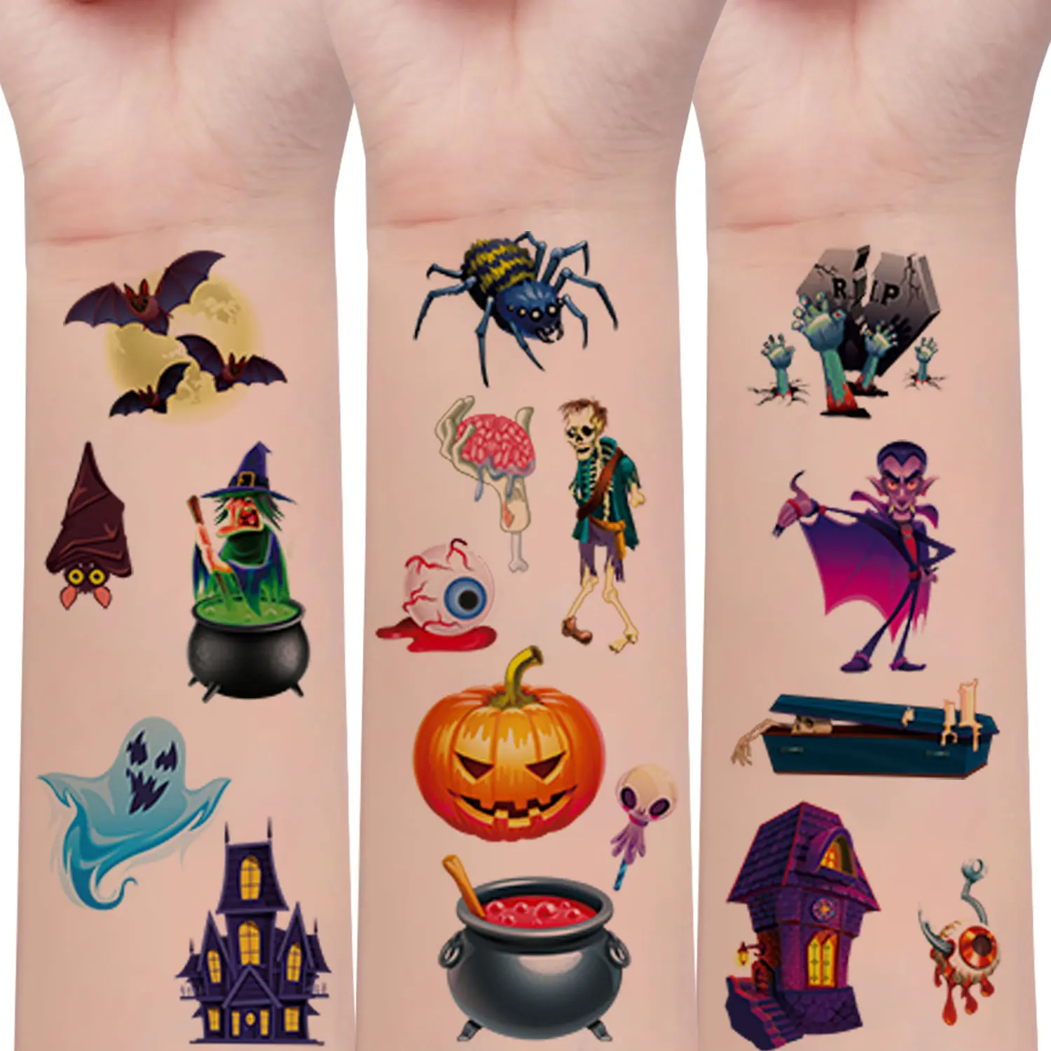 10 أوراق مكونة من 120 قطعة من ملصقات الوشم بنمط عنصر الهالوين، شبح اليقطين الخفافيش والزومبي، مقاومة للماء وواقعية