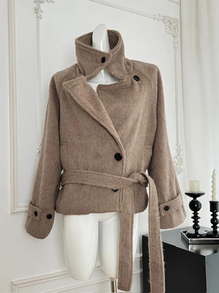 Women Coffee Cashmere Coat Jacket Loose Retro Button Wool Long Outerwear Long Sleeve Warm Overcoat Korean Vintage Winter Autumn