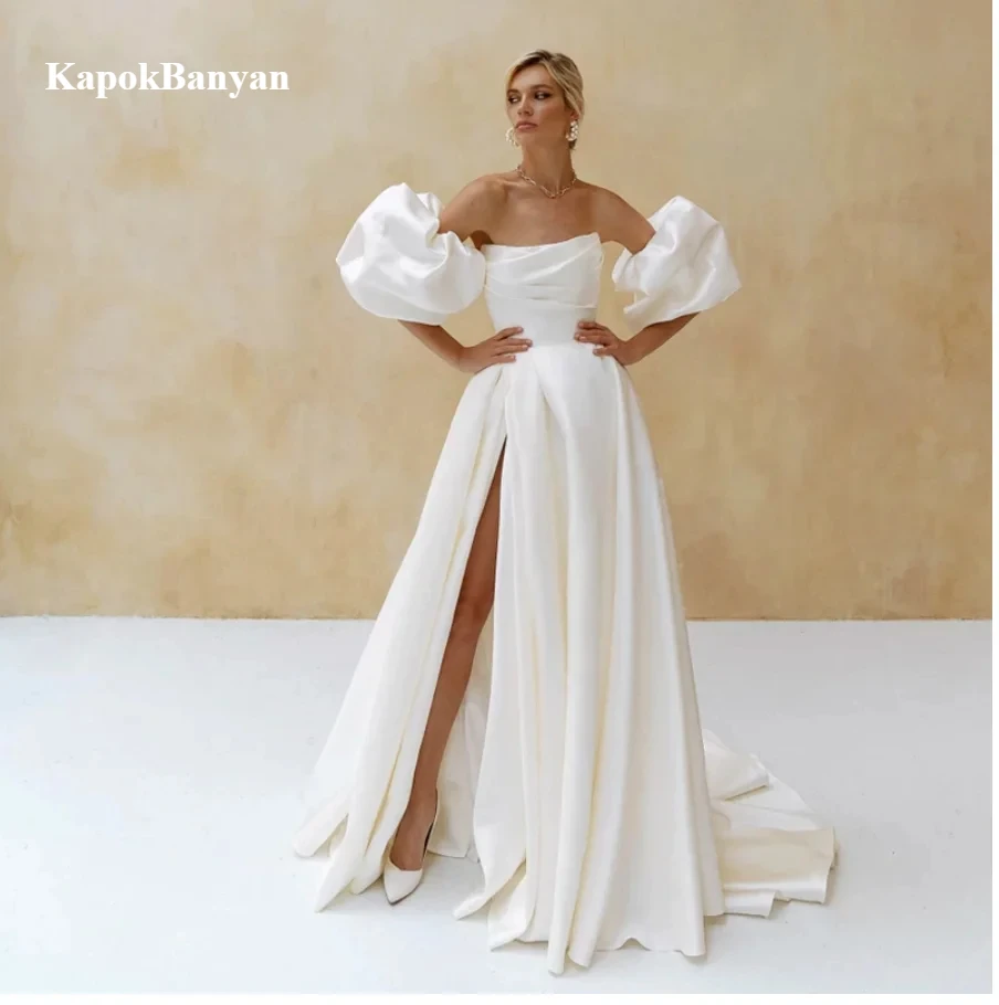 Elegant Satin Wedding Dress Short Puff Sleeves Simple Plain Bridal Gowns A-Line Side Slit Sweep Train Wedding Party Dresses 2025