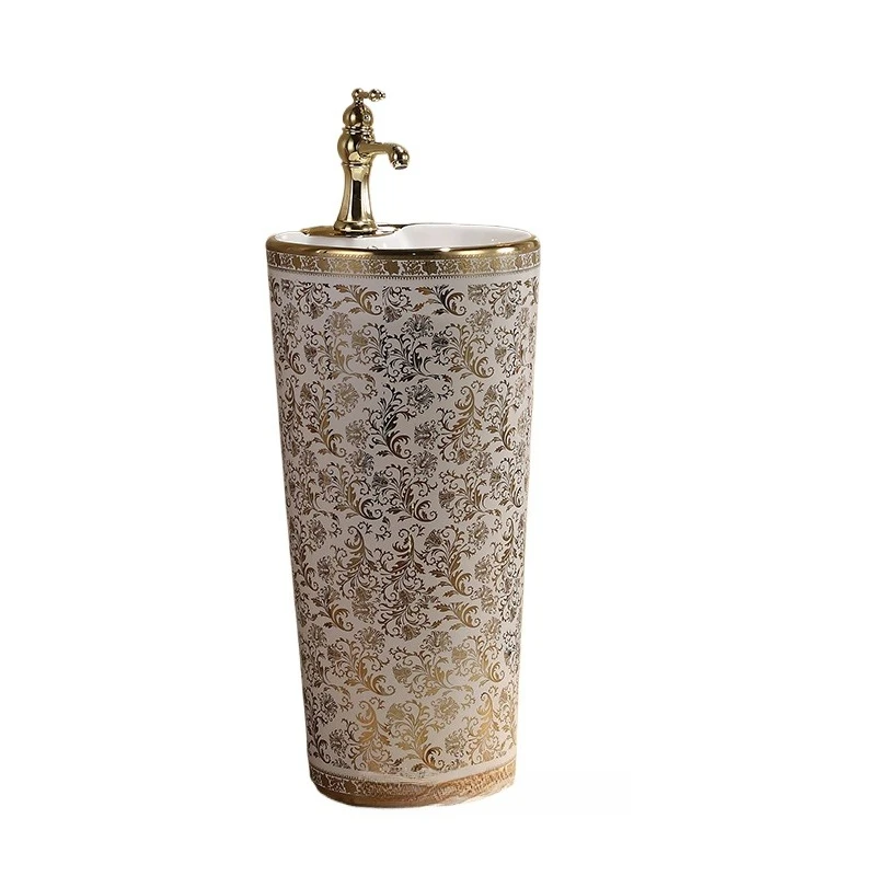 

Gold-plated column basin, bathroom floor-to-ceiling integrated, wash basin, gold ceramic vertical column basin
