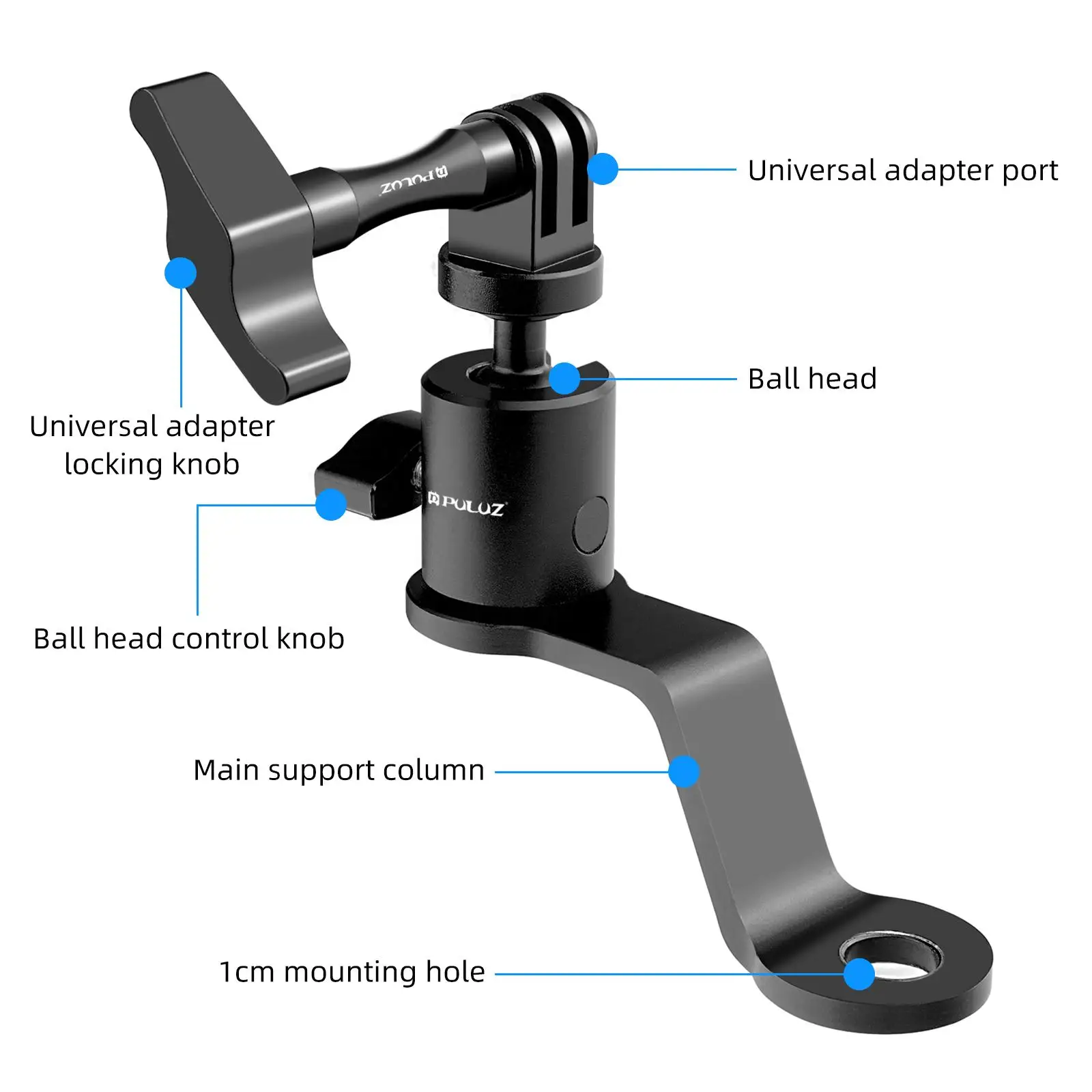Uchwyt na kamerę sportową PULUZ do motocyklowych lusterek wstecznych, wykonany ze stopu aluminium, do GoPro Hero13 Black/DJI Osmo Action 5 pro/Insta360