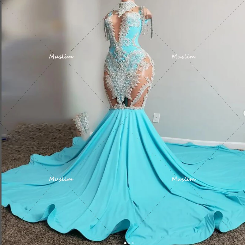 

Aso Ebi African Mermaid Prom Dresses Blue Appliques Plus Size Black Girls Evening Dress Tassel Formal Party Gown Customized