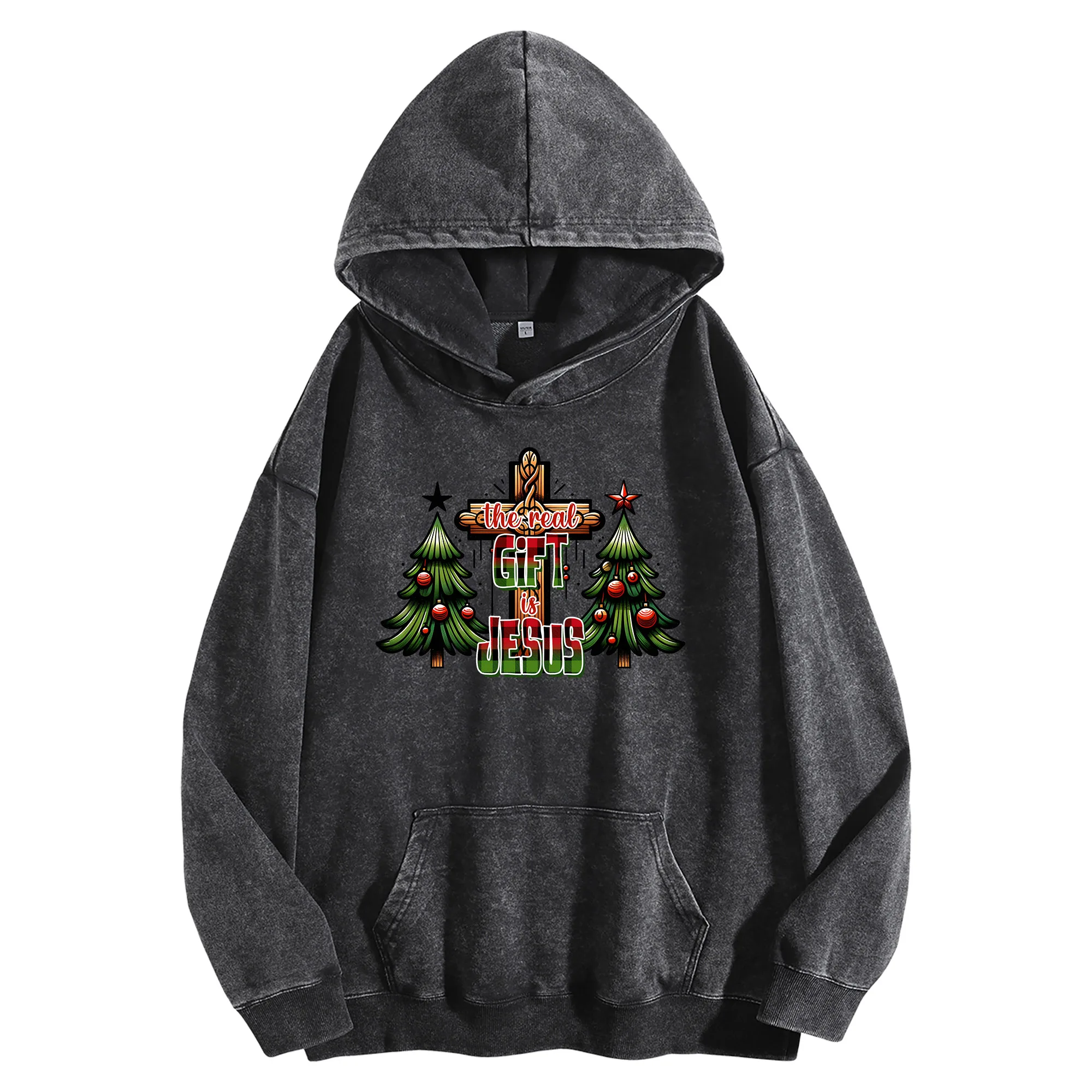 

ПОДАРОК JESUS Графический принт 400 г Винтажная стираная толстовка унисекс Уличная одежда большого размера Пуловер осень/зима Коллекция