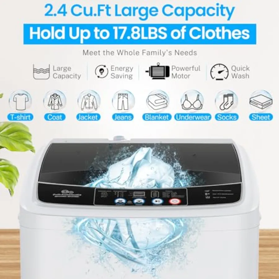 Portable Washing Machine 17.8Lbs 2.4 Cu.ft Full Automatic Washer with 10 Programs and 8 Water Levels LED Display and Drain Pump