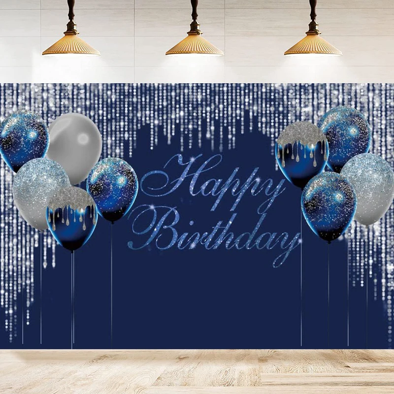 

Photography Backdrop Blue And Sliver Balloon Sequin Kids Baby Adults Birthday Party Decor Background Poster Cake Table Banner