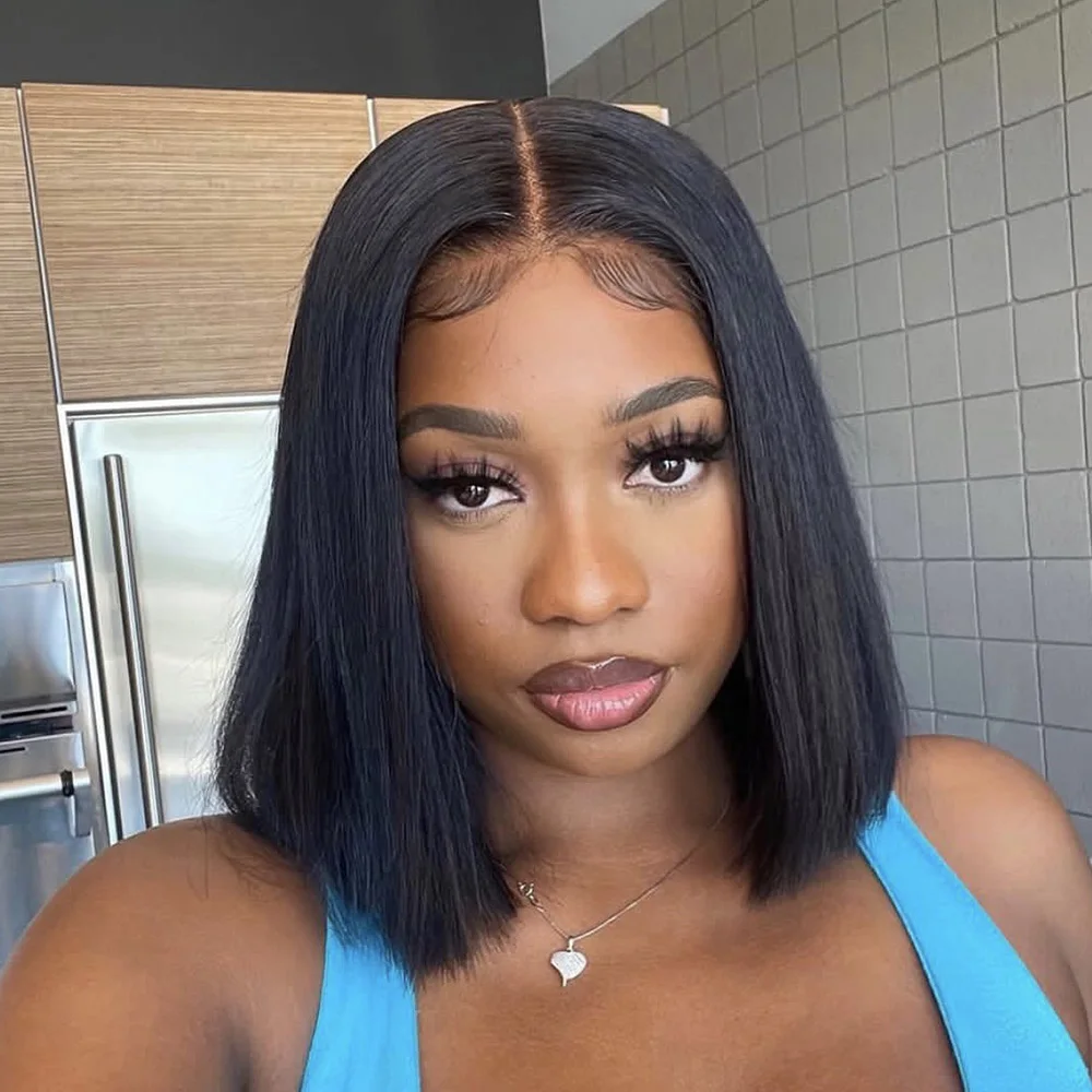 Natural Black Silky Bone Straight Short Bob Brazilian Virgin Human Hair Wig 13x4 HD Transparent Lace Front Pre Plucked Baby Hair Glueless Wear Go For Black Women