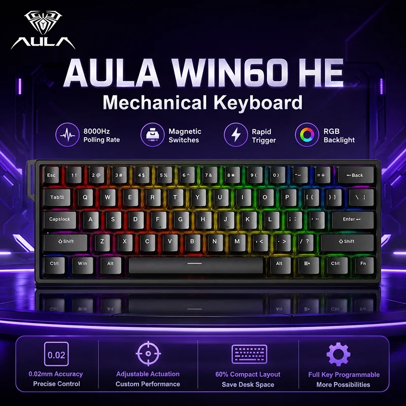AULA WIN60 HE Hall Effect Gaming Keyboard Wired 8000Hz Polling Rate Rapid Trigger RGB Backlit Hot Swappable Compact PC Keyboard