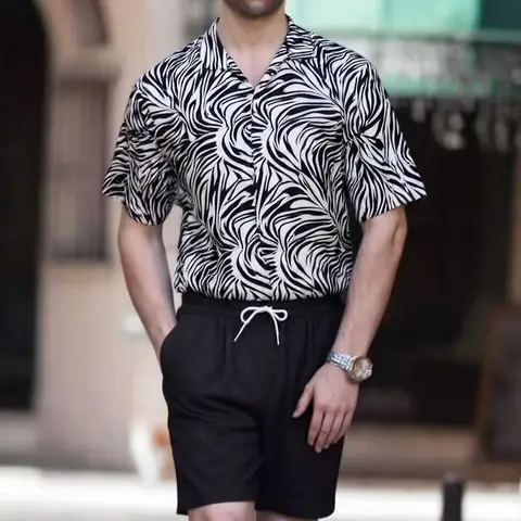 Men Zebra Print Cuban Collar Short Sleeve Shirt Elastic Waist Drawstring Shorts Casual Two Piece Outfit Daily Streetwear