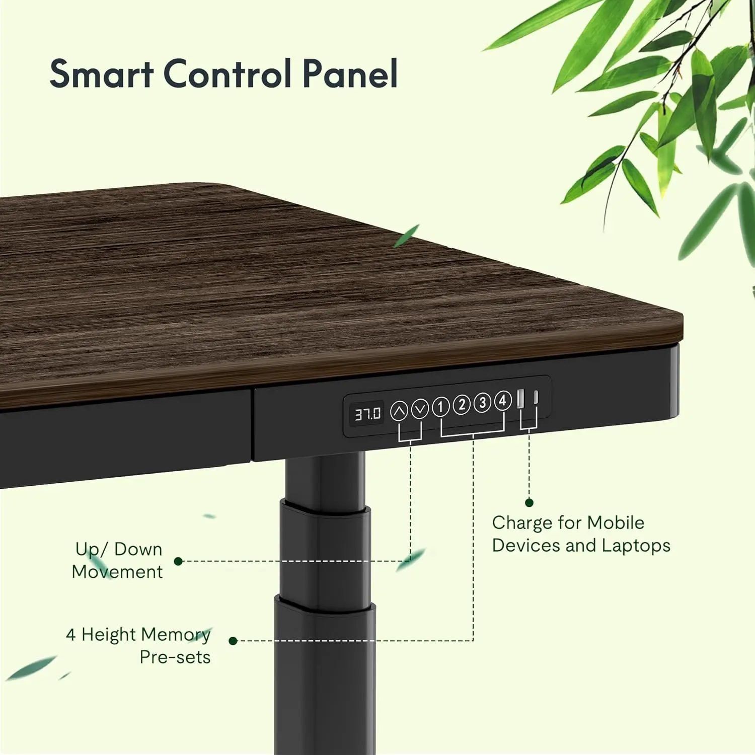 Bamboo Standing Desk, Dual Motor 3 Stages Adjustable Height Electric Computer Workstation Wireless Charging, Drawer